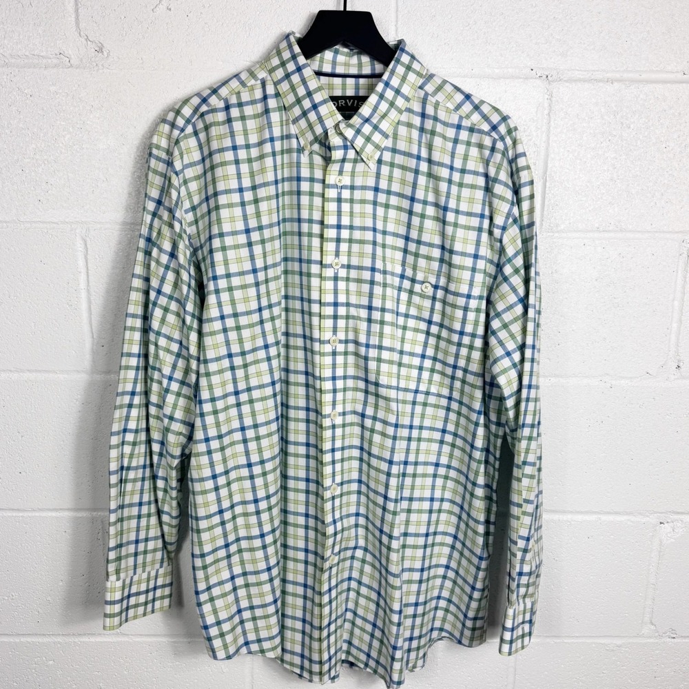 Orvis Mens XL Button Down Shirt‎ Long Sleeve Plaid Blue Green White 100% Cotton